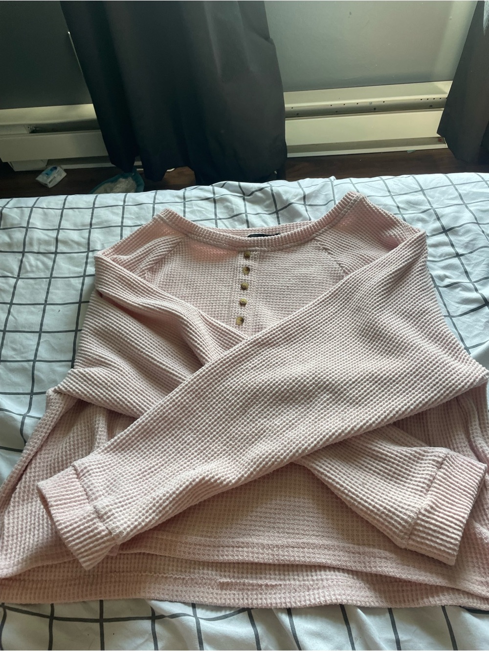 Waffle Knit Henley Long-Sleeve Top - Light Pink